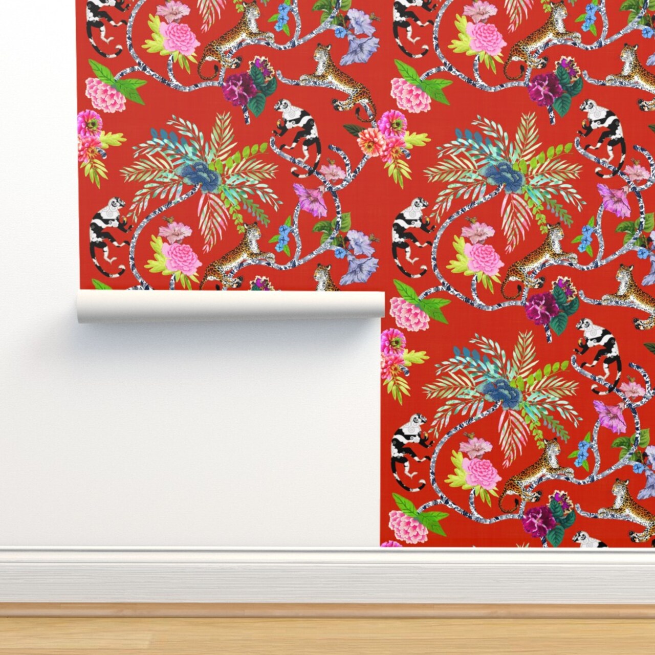 Chinoiserie Maximalist Red Whimsical Monkey Tropical Leopard Botanical Custom Pre-pasted Wallpaper by Spoonflower Pre-Pasted Wallpaper 2FT Wide